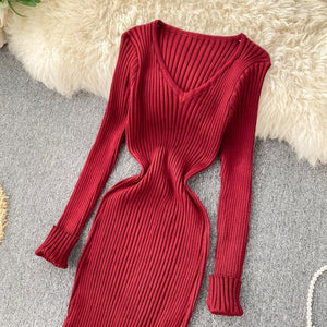 Knitted V Neck  Dress