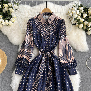 Retro Printed Long-sleeved Dress