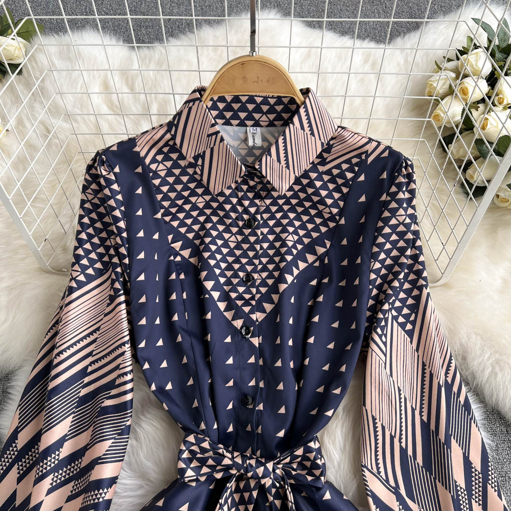 Retro Printed Long-sleeved Dress