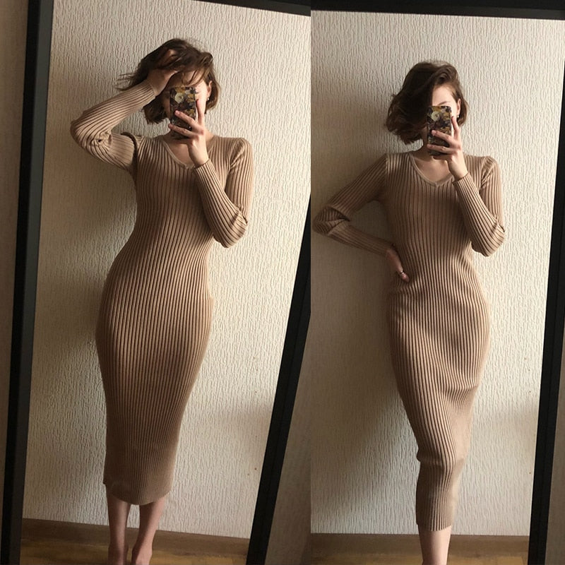 Knitted V Neck  Dress