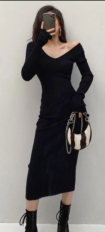 Knitted V Neck  Dress