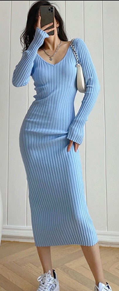 Knitted V Neck  Dress