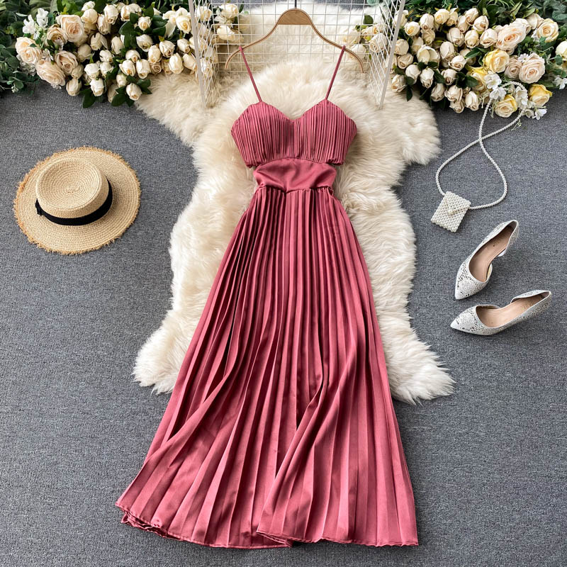 Spaghetti Strap Dress High Waist Pleated