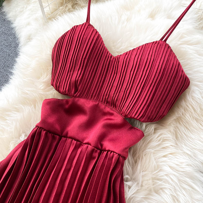 Spaghetti Strap Dress High Waist Pleated