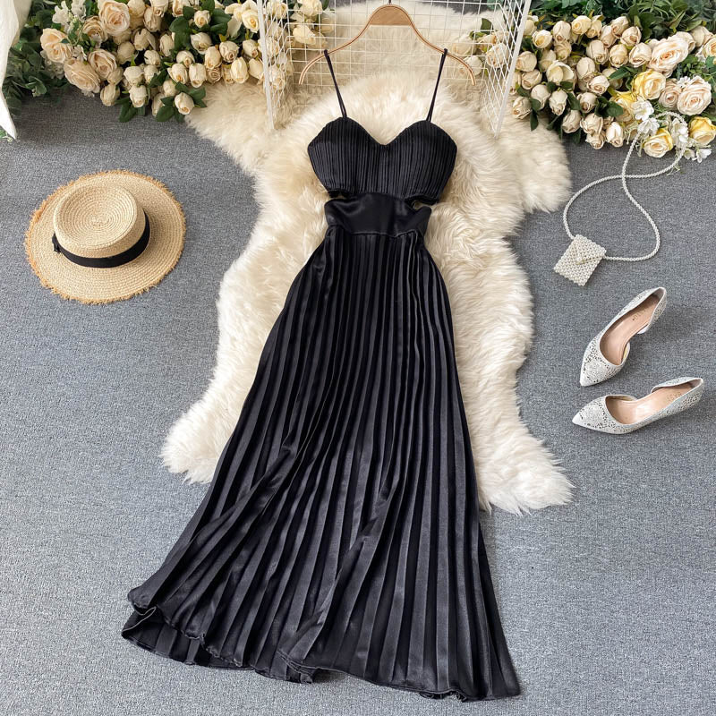 Spaghetti Strap Dress High Waist Pleated