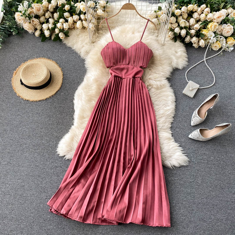 Spaghetti Strap Dress High Waist Pleated