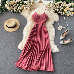 Spaghetti Strap Dress High Waist Pleated