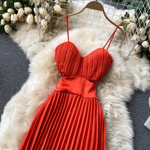 Spaghetti Strap Dress High Waist Pleated