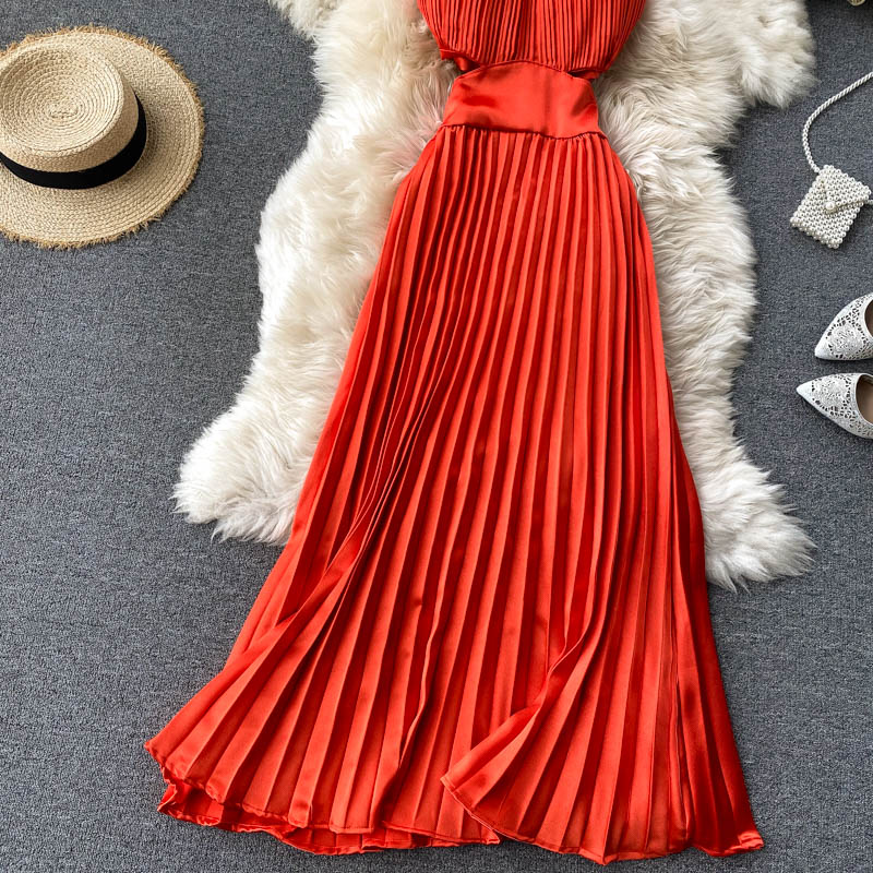 Spaghetti Strap Dress High Waist Pleated