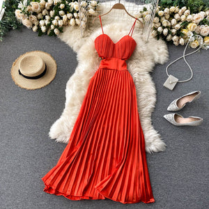 Spaghetti Strap Dress High Waist Pleated