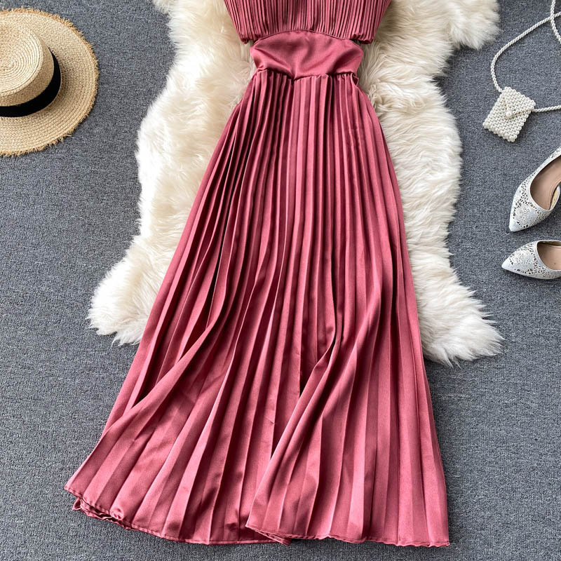 Spaghetti Strap Dress High Waist Pleated