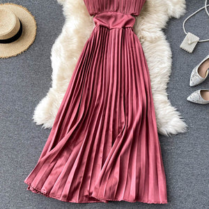 Spaghetti Strap Dress High Waist Pleated