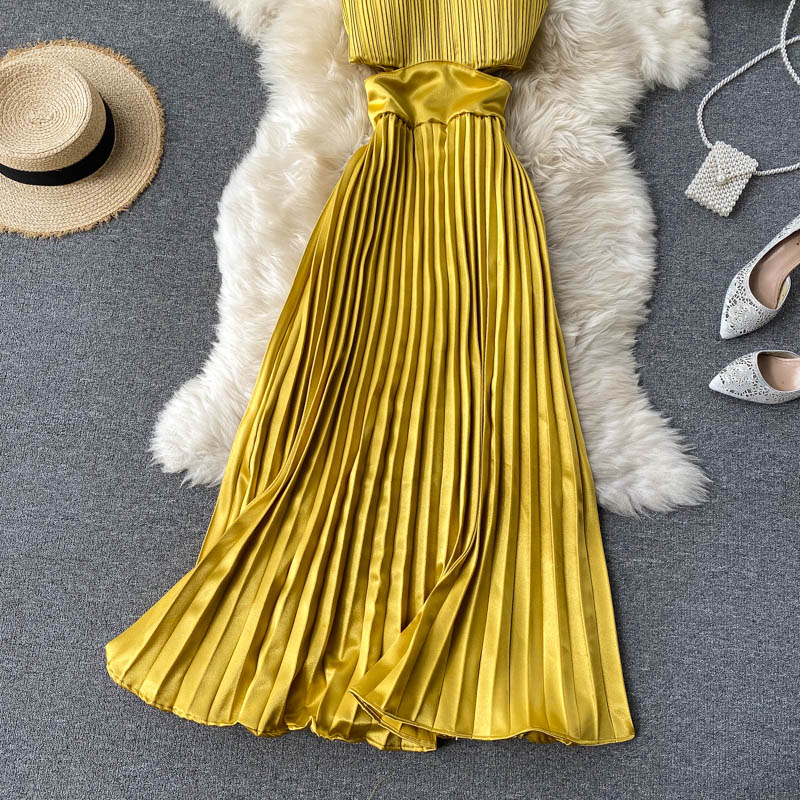 Spaghetti Strap Dress High Waist Pleated