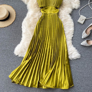 Spaghetti Strap Dress High Waist Pleated