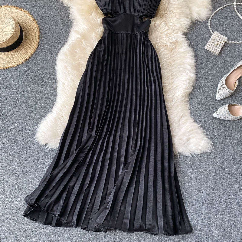 Spaghetti Strap Dress High Waist Pleated