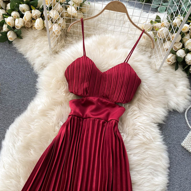 Spaghetti Strap Dress High Waist Pleated