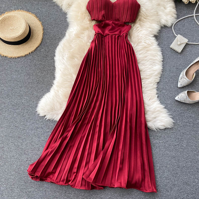 Spaghetti Strap Dress High Waist Pleated